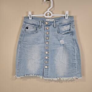 Women's Kancan Lightwash Button Down Distressed Denim Jean Skirt | Size Medium